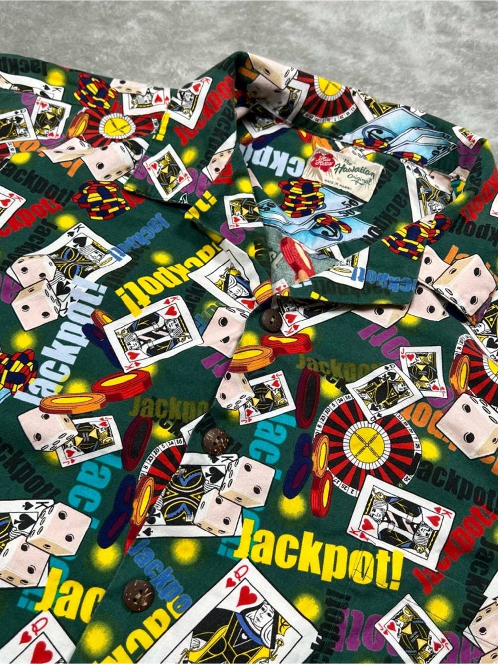 VTG Hilo Hattie Hawaiian Shirt Mens XL Green Jackpot Casino Poker Camp Collar